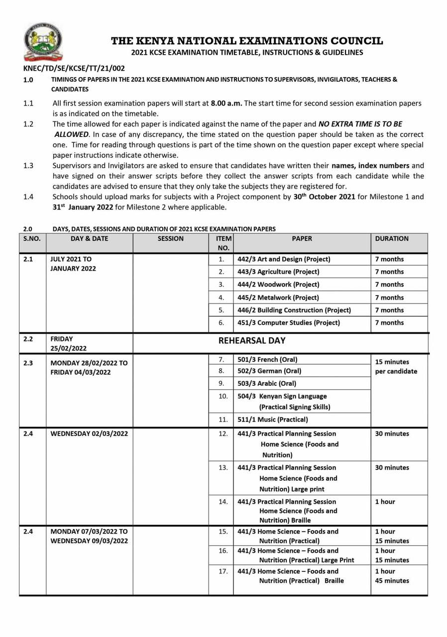 KCSE 2022 Timetable Dates Instructions Guidelines